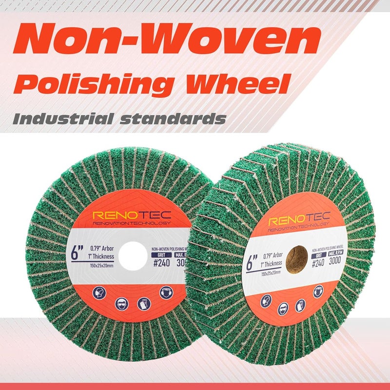 RENOTEC 6 Inch Flap Wheel, Non-Woven Abrasive Polishing Wheel, 1 Inch Thickness, 3/4 Inch Arbor, for Bench Grinder (4 Pcs Grit240 SP) - Image 2